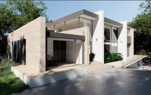 Fachada de la vivienda Alina, con cuerpo de piedra de despiece horizontal y voladizos blancos que dan sombra a los huecos.